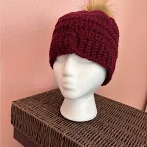 Burgundy Knit Beanie with Faux Fur Pom
